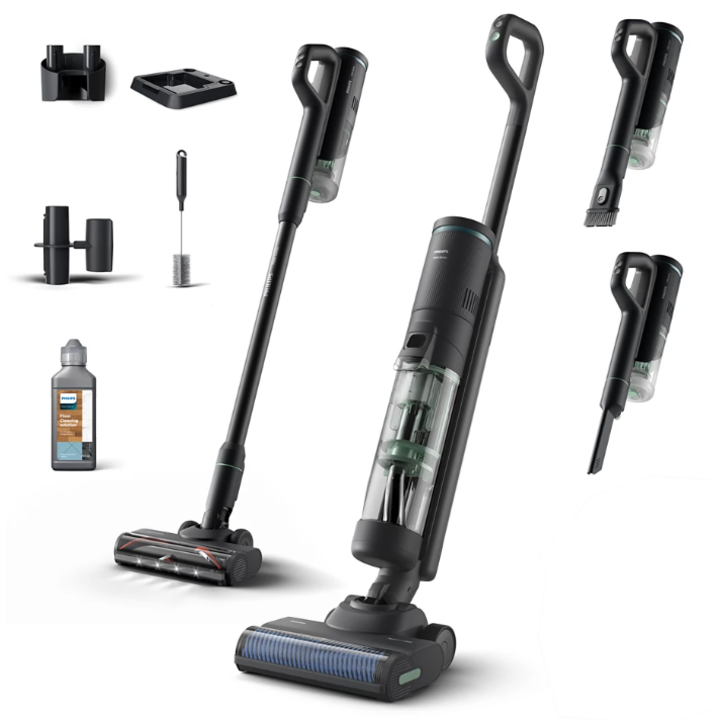 Вертикална прахосмукачка 3 в 1 Philips AQUA TRIO серия 7000 XW7263/11, Технология Aqua Spin 2500, Въртяща се четка, която се самопочиства по време на употреба, Засмукваща глава за тапицерия и тесни пространства, Препарат за подове