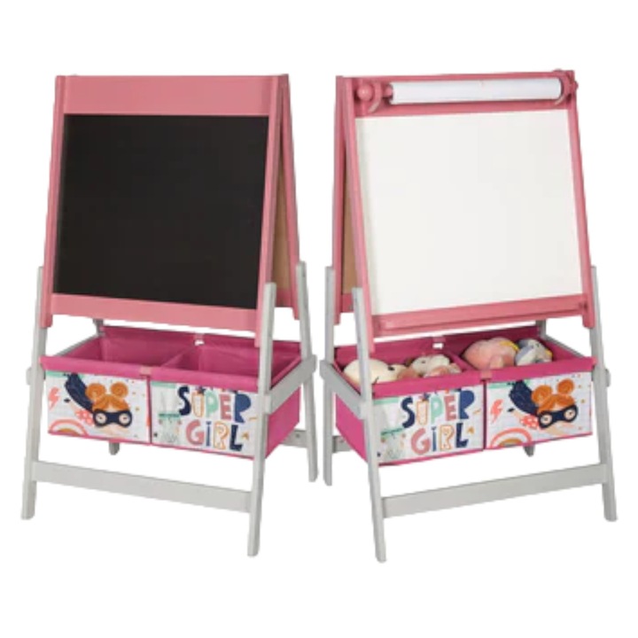 Детски Статив за Рисуване GINGER HOME 3 в 1 - Черна Дъска, Бяла Дъска, Хартиена Ролка SUPER GIRL