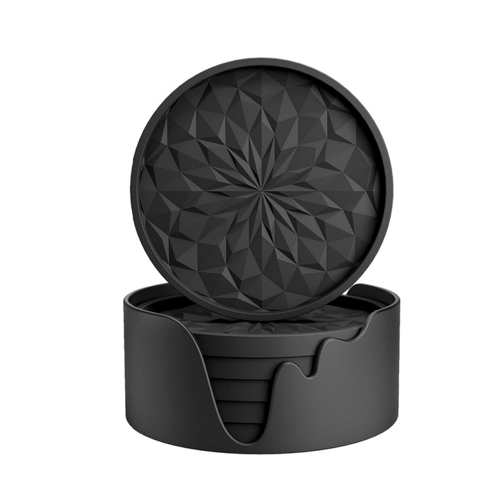 Set suporturi pahare din silicon, 6 bucati, negru, 10x10cm, rezistent la caldura