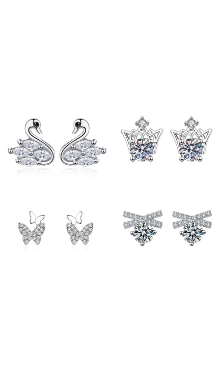 Cercei 4 perechi de cercei geometrice argintisti cu incrustari de zirconi din cupru cu acul din argint 925