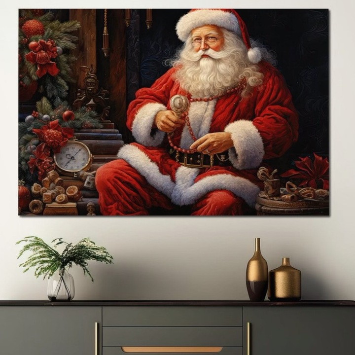 Премиум картина върху платно, LuxCanva® D1012, Чудесният Дядо Коледа, 100 X 150 СМ, 100% памучно платно 400 г/м2, дървена рамка, ела, костюм, кадифе, Дядо Коледа, магия, хол, ярки цветове