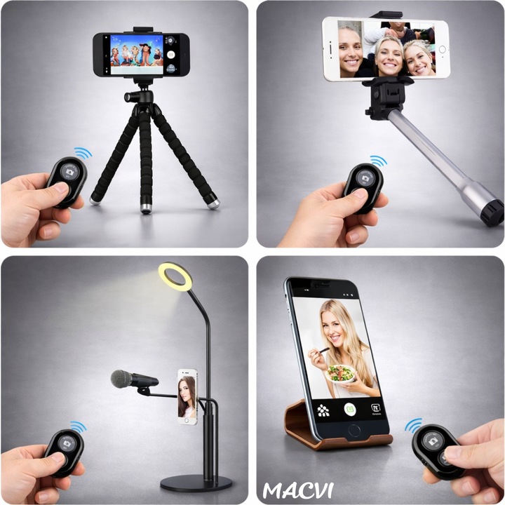 Telecomanda selfie Control fara fir Macvi® compatibilitate cu smartphone-uri iOS si Android, conectivitate Bluetooth 4.0, dimensiuni 5 cm x 2 cm x 1 cm