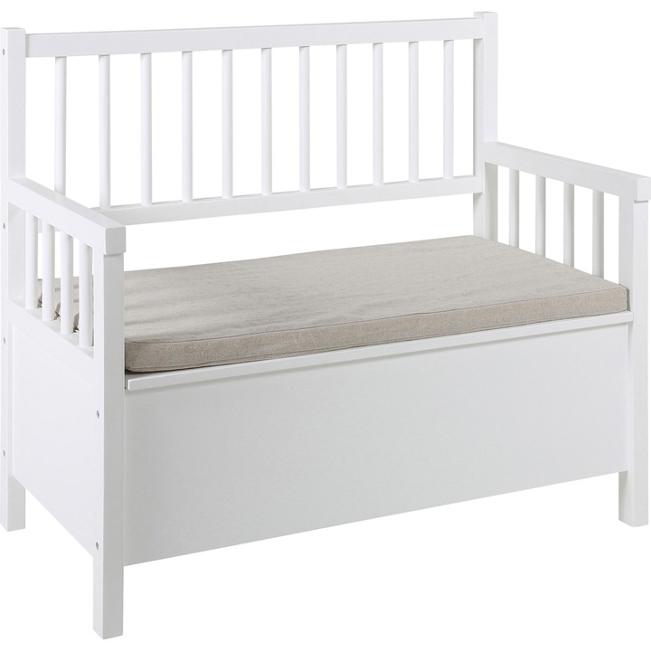 Banca Actona Aster, 90x48x85 cm, material bej, baza din MDF vopsit alb cu UV, cu spatiu depozitare, perna detasabila
