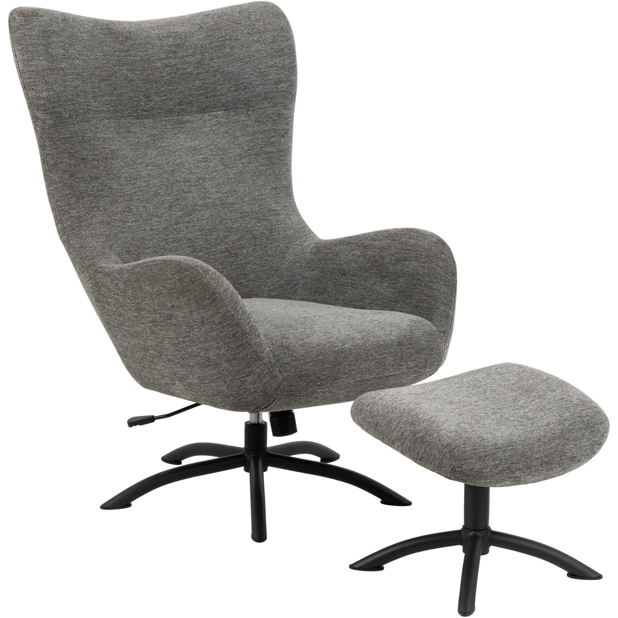 Fotoliu recliner si suport picioare Actona Talgarth, 86x76x105 cm, tesatura antracit, baza metal vopsit negru, recliner manual si rotire