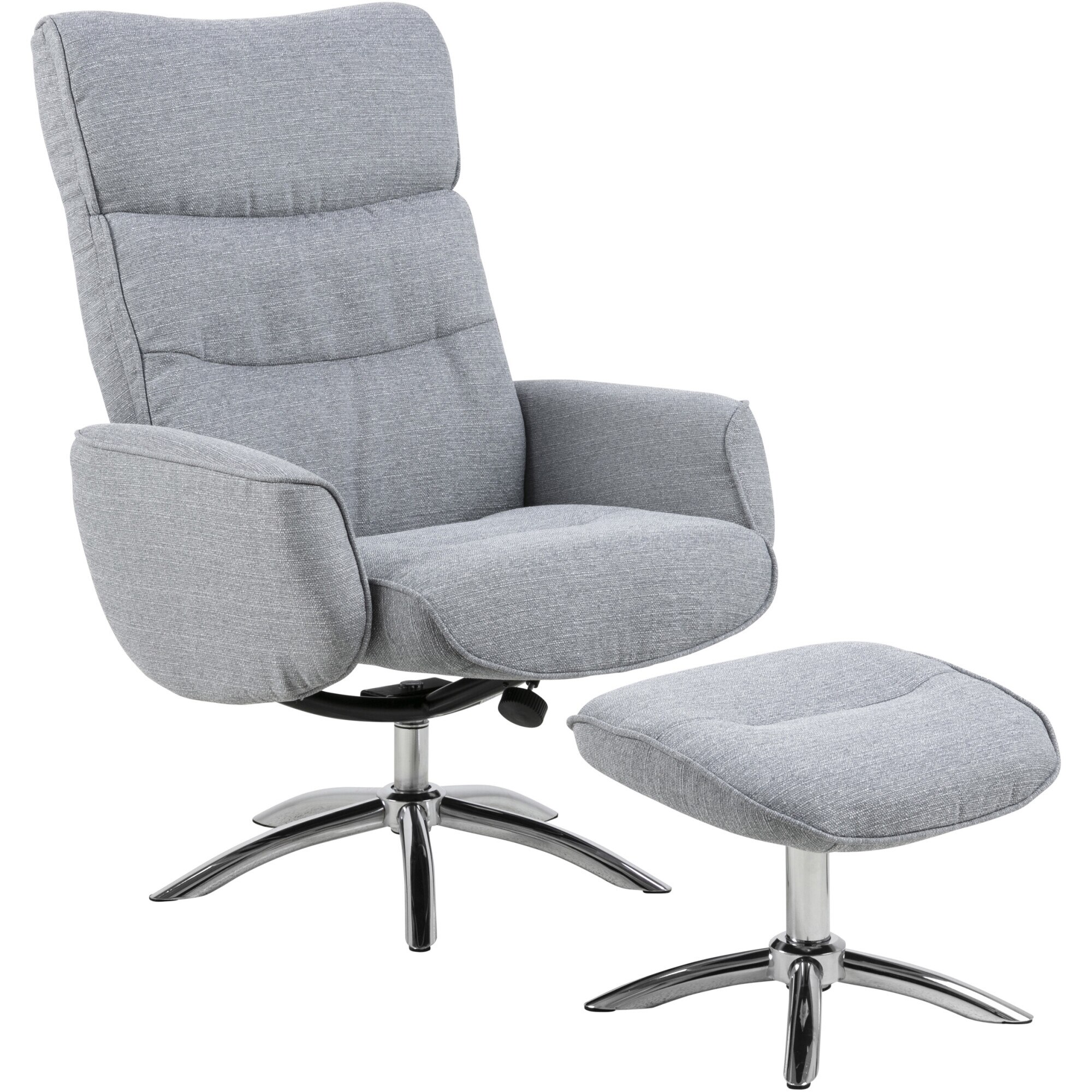 Fotoliu recliner Actona Westfield-A1, cu suport de picioare, tesatura gri deschis, baza metal cromat, tetiera reglabila, recliner manual, rotativ