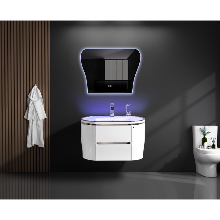 Set mobilier baie TRENDY’S, cu lavoar ceramic, iluminare led si oglinda LED, 83, 6×55, 6×50 cm, cu doua sertare