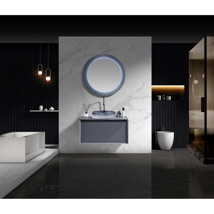 Set mobilier baie, TRENDY’S gri, montat pe perete, dulap de baie cu chiuveta din sticla, 80 x 48 x 51 cm