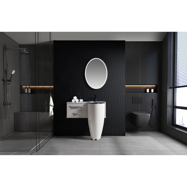 Set mobilier baie, TRENDY’S, stativ cu lavoar din sticla de cristal transparent, 90*51*86, 5 cm