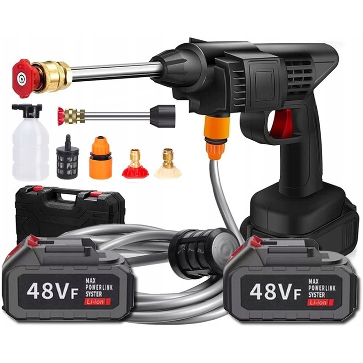 Pisztoly típusú nagynyomású mosó, vezeték nélküli, 2 újratölthető 48 V-os akkumulátor, habtartály, hordtáska, 60 bar / 800 W fekete