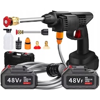 Aparat De Spalat Cu Presiune Tip Pistol, Fara Fir, 2 Acumulatori 48V Reincarcabili, Recipient Spuma, Geanta De Transport, 60 Bar /800W Negru