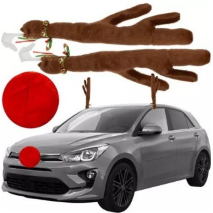 Set accesorii auto de Craciun VarioShop®, nas si coarne de ren, usor de instalat, dimensiune coarne 12 x 43 cm, nas 13 cm