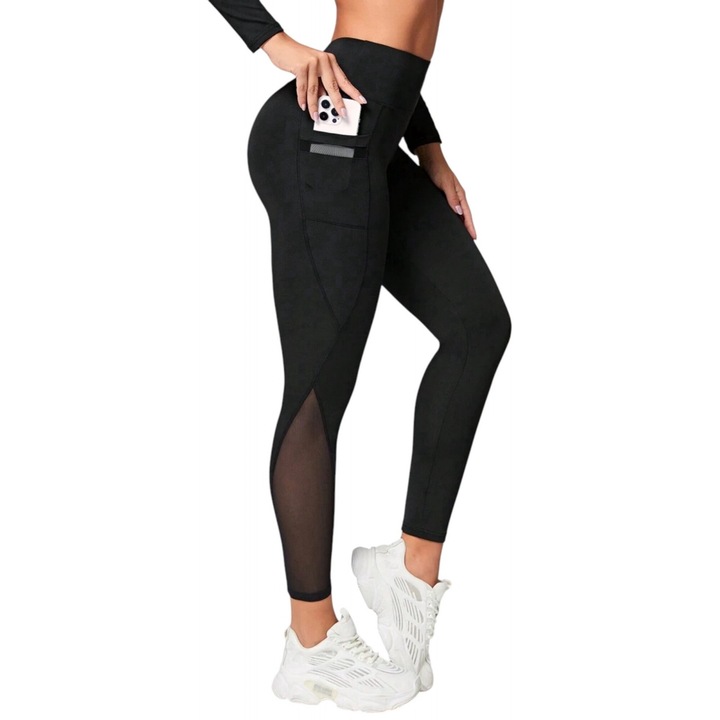 Colanti Sport cu Talie Inalta si Buzunar Lateral din Plasa pentru Telefon, Negru