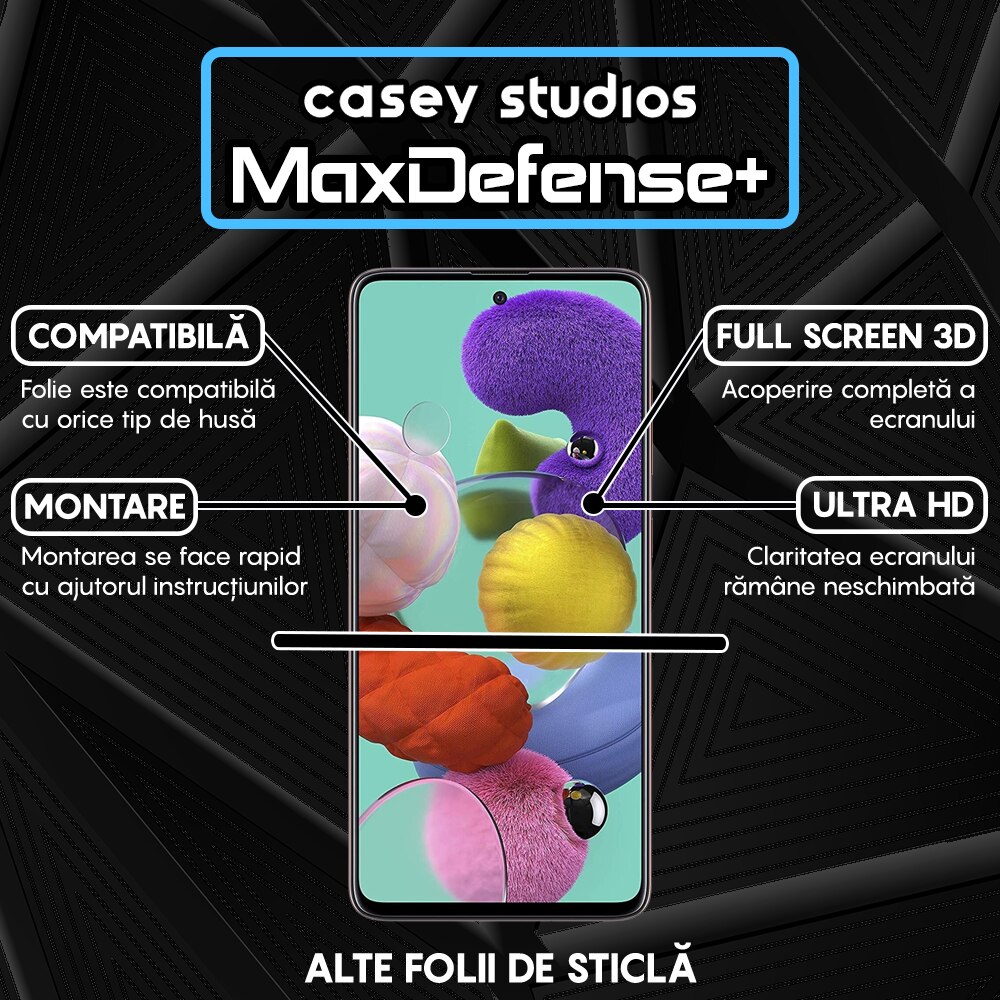 Folie Sticla CASEY STUDIOS™ compatibila cu Samsung Galaxy A51 4G/5G, Full Cover 3D, Full Glue, Sticla Securizata, Ultra HD, Protectie Profesionala Ecran 3D, Anti Zgarieturi, Anti Socuri