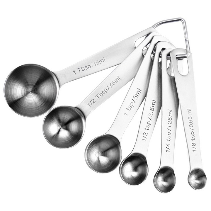 Комплект 6 мерителни лъжички, кухненски прибори, неръждаема стомана, различни размери, сребро