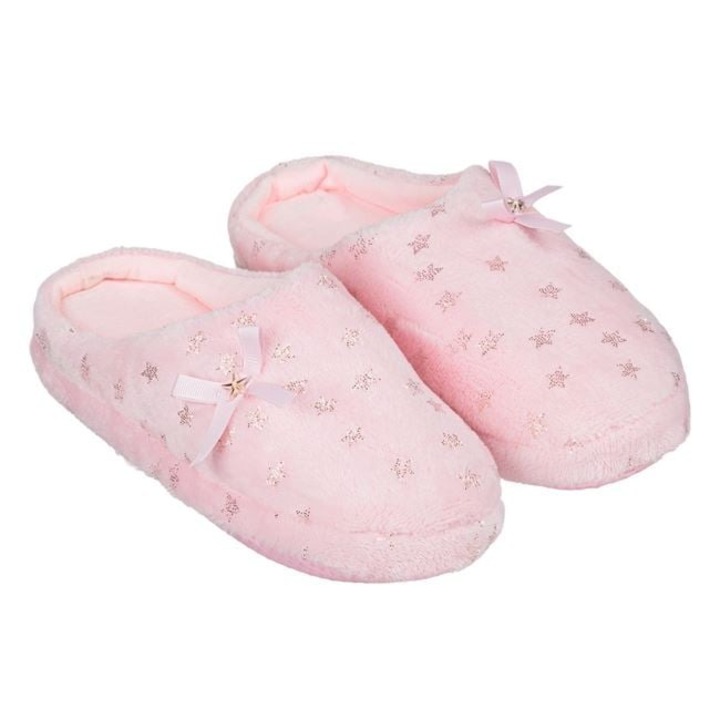 Papuci de casa Antbro® pentru fete, de culoare roz cu stelute, sclipici si fundita, 35-36