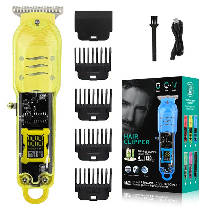 Trimmer reincarcabil - lame din otel inoxidabil, 3 ghidaje, incarcare USB, lumini LED, incarcare de 2 ore, 120 de minute de utilizare, pentru barbati si barbieri (galben)