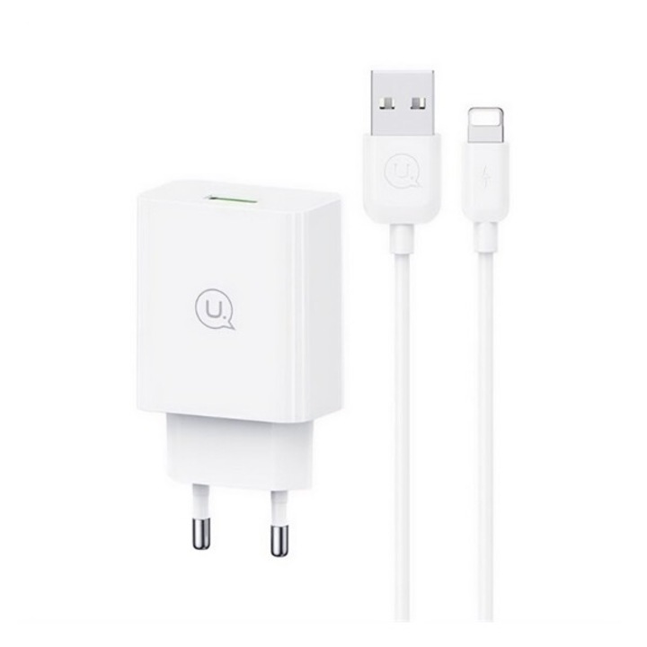 Usams sc hálózati töltő usb aljzat, 18w, pd gyorstöltő 3.0 + lightning kábel, fehér