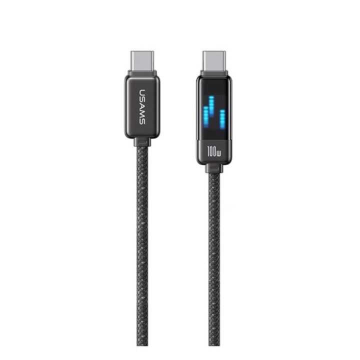 Usams meteor кабел за данни, Type-C - Type-C, 100W, PD бързо зареждане, 120см, връзка за обувки, LED дисплей, черен