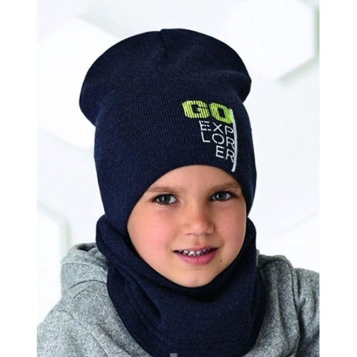 Set caciula si bluf pentru baieti, 52-56 cm, 52-56 CM, Albastru inchis