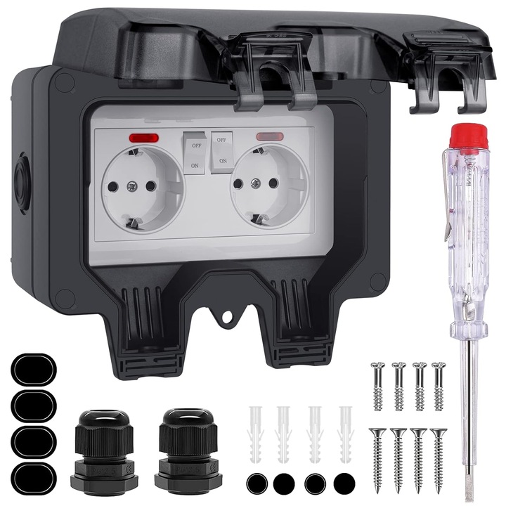 Външен контакт, WALALLA, 2 контакта с ключ, водоустойчив IP66, включени аксесоари, черен, видим монтаж