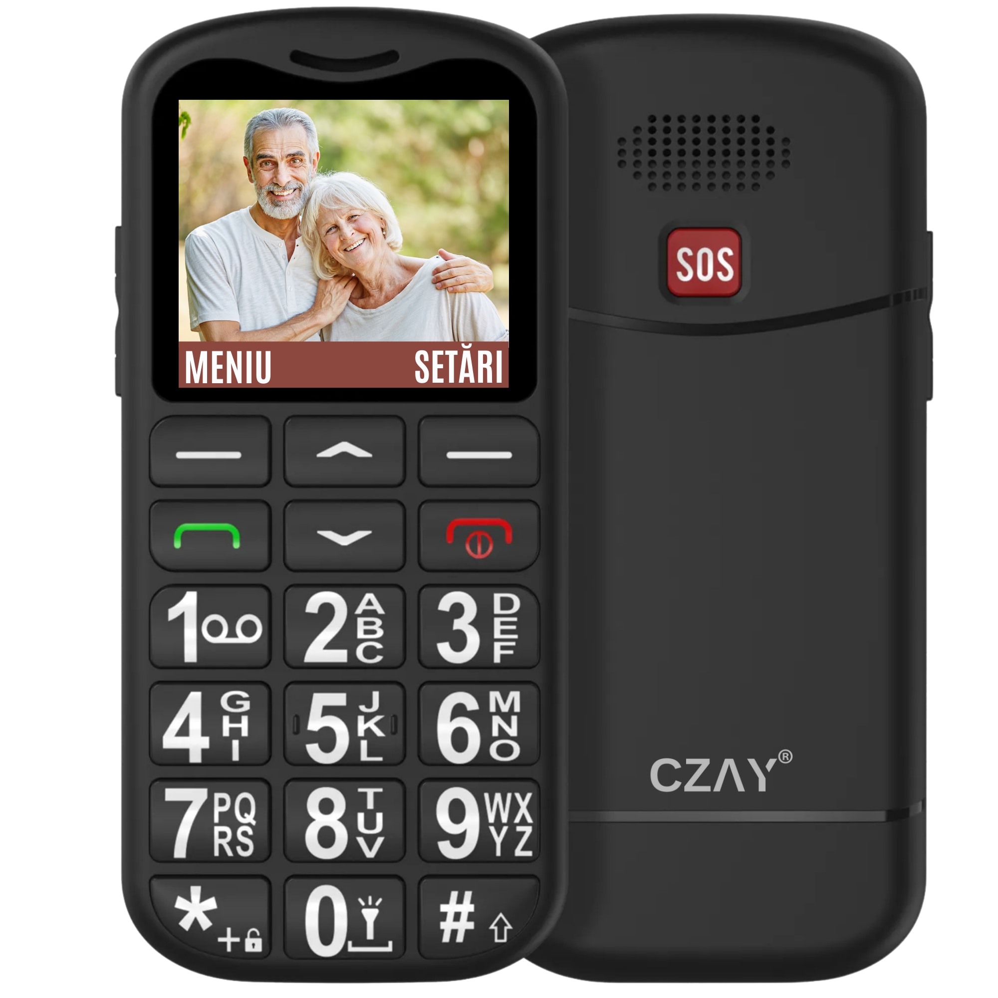 Telefon Mobil Seniori CZAY® cu Taste Mari si Buton SOS pentru Siguranta, Meniu Romana si Maghiara, Autonomie 7 Zile, Volum Puternic, Dual Sim, Ecran LCD Generos, Color, Usor de Folosit pentru Varstnici, Lanterna, Radio, Bluetooth, Rezistent, 2G