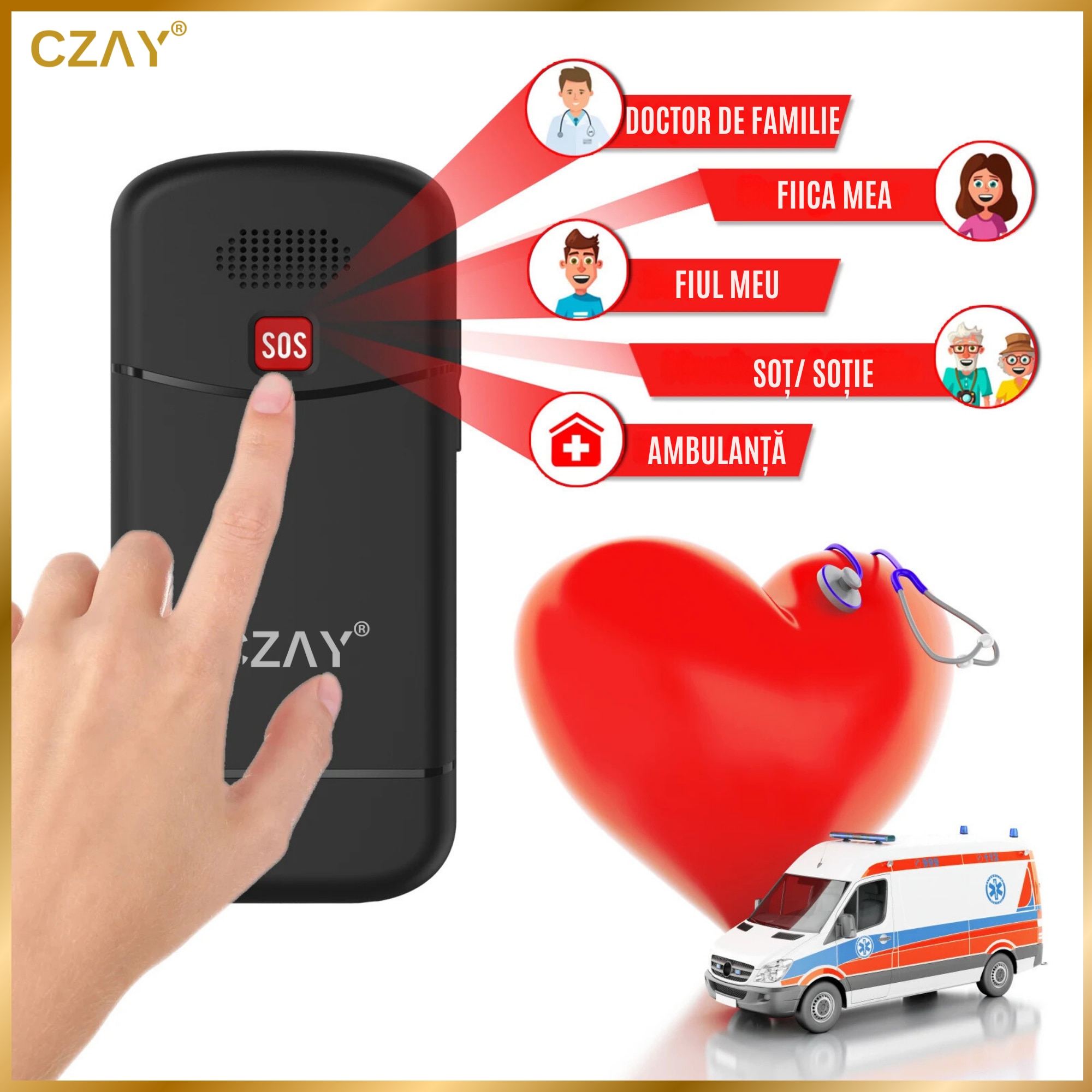 Telefon Mobil Seniori CZAY® cu Taste Mari si Buton SOS pentru Siguranta, Meniu Romana, Autonomie 7 Zile, Volum Puternic, One Sim, Ecran LCD Generos, Color, Usor de Folosit pentru Varstnici, Lanterna, Radio, Bluetooth, Rezistent, 4G