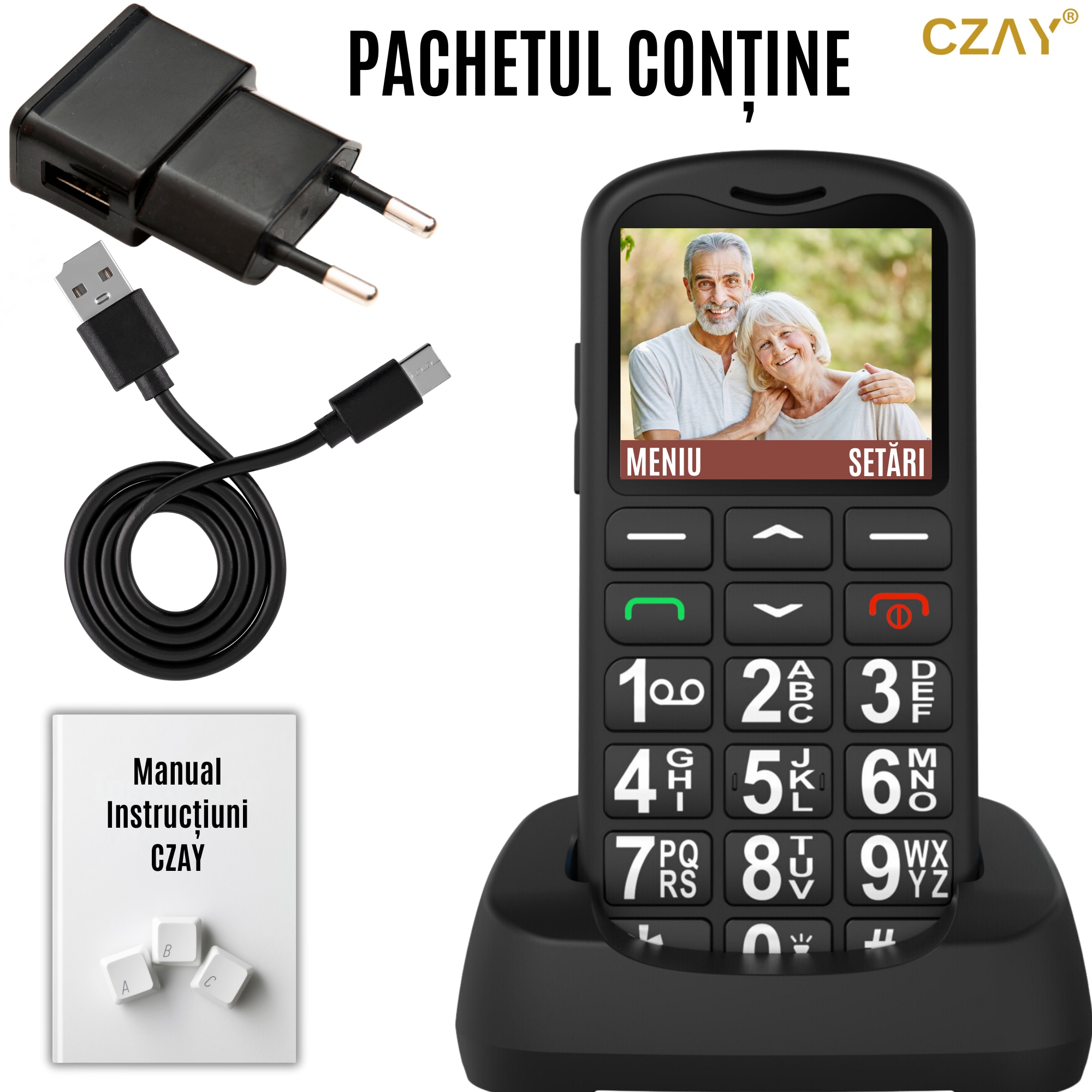 Telefon Mobil Seniori CZAY® cu Taste Mari si Buton SOS pentru Siguranta, Meniu Romana si Maghiara, Autonomie 7 Zile, Volum Puternic, Dual Sim, Ecran LCD Generos, Color, Usor de Folosit pentru Varstnici, Lanterna, Radio, Bluetooth, Rezistent, 2G