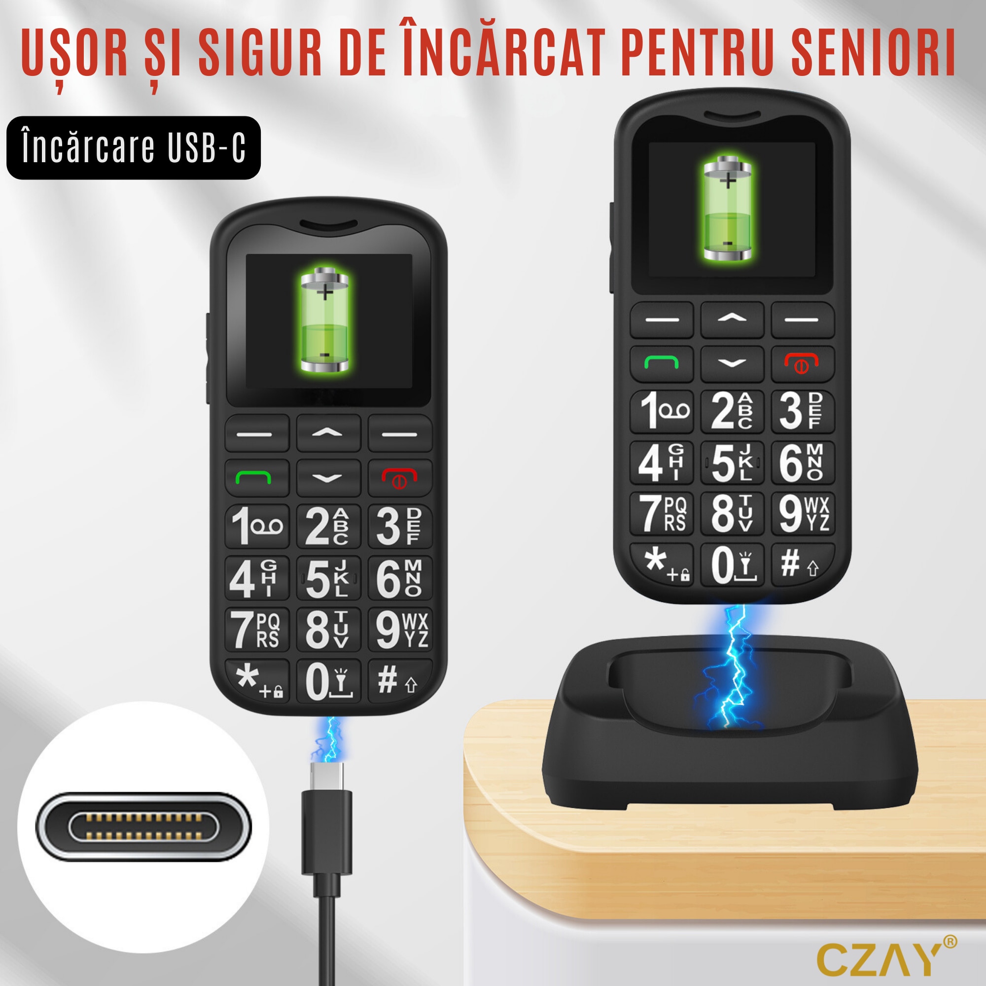 Telefon Mobil Seniori CZAY® cu Taste Mari si Buton SOS pentru Siguranta, Meniu Romana si Maghiara, Autonomie 7 Zile, Volum Puternic, One Sim, Ecran LCD Generos, Color, Usor de Folosit pentru Varstnici, Lanterna, Radio, Bluetooth, Rezistent, 4G