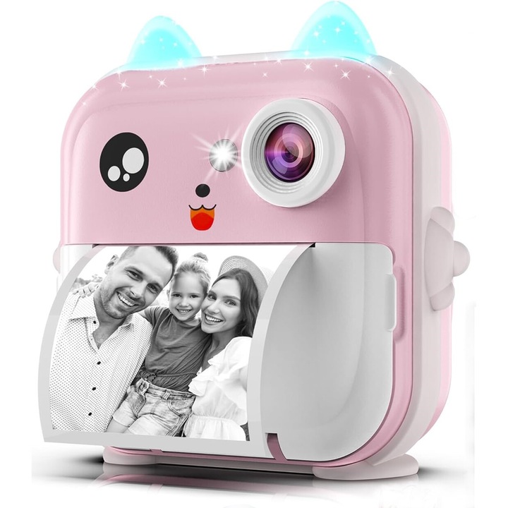 Детска камера с незабавен печат, VALA® Q5 Cat, Резолюция на снимки 48Mpx, Видео 1080P HD, Bluetooth 5.1 с мобилно приложение, Игри, IPS HD цветен LCD дисплей 2.4", Филтри и рамки за снимки, Акумулатор 1200 mAh 3.7V литий, 3 ролки хартия включен, розов