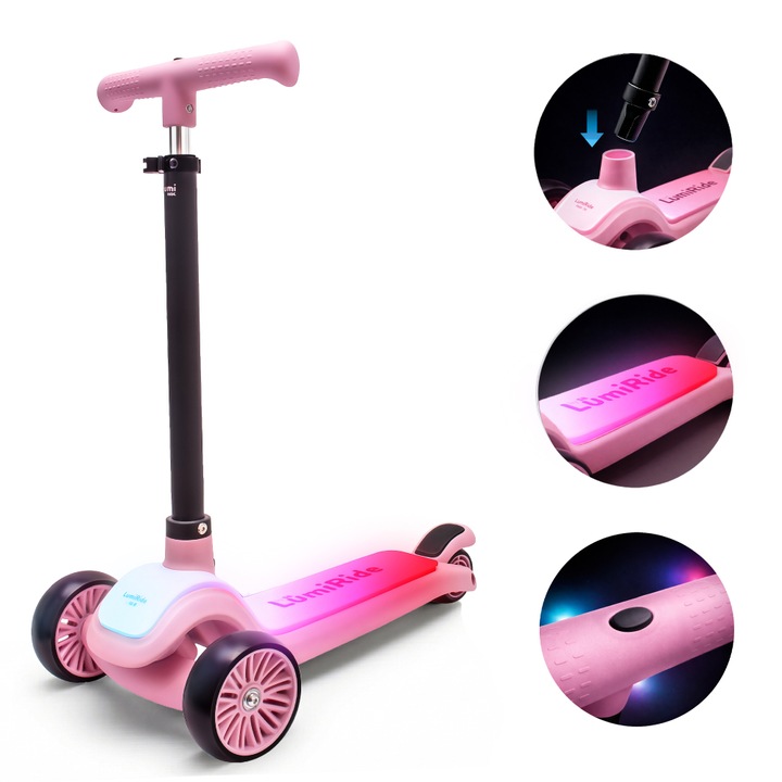Trotineta pentru Copii, Sun Baby, LUMI RIDE, LED, 7 culori lumini, reglabil, pliabil, triciclu, echilibru, fix, frana, 56.5x29.2x17.9 cm, Roz