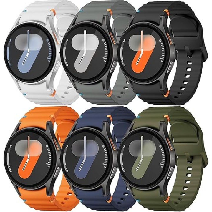 Set 6 Curele Silicon MTP compatibila cu Samsung Galaxy Watch 4/5/6/7, 40/44/46mm, Quick Release, Alb + Gray + Black + Orange + Midnight + Army