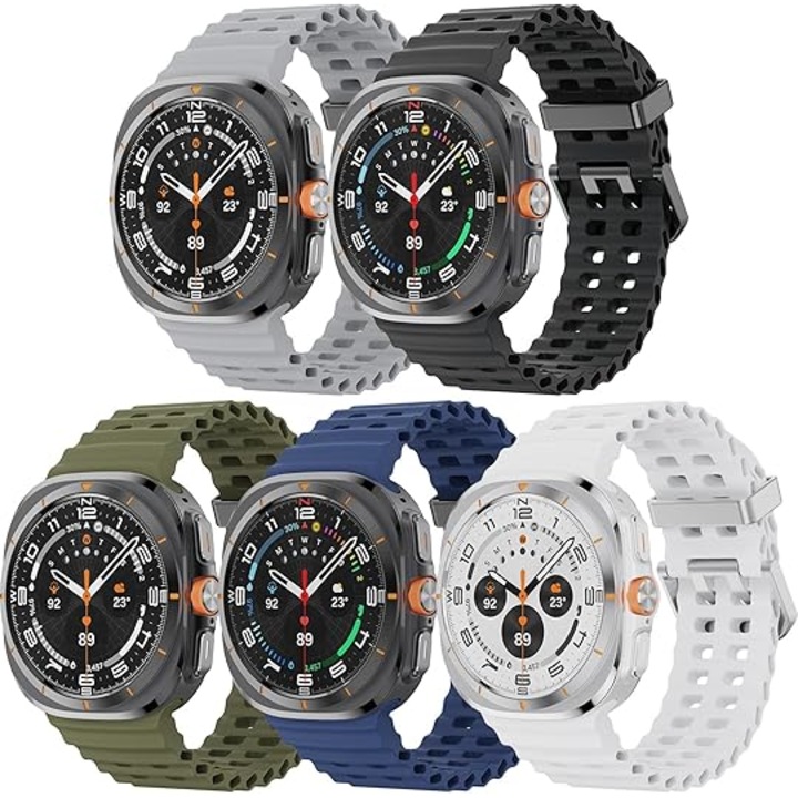 Set 5 Curele Silicon MTP compatibila cu Samsung Galaxy Watch Ultra, 47mm, Catarama neagra, Quick Release, Gri + Negu + Army + Midnight + Alb