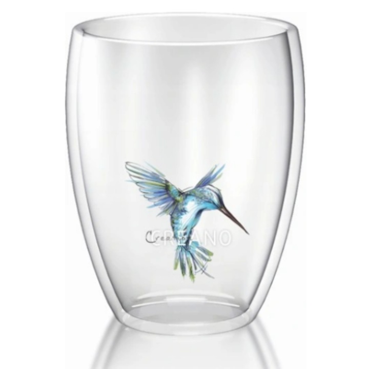 Pahar pentru cafea, sticla, design Pasare Albastru, cu perete dublu, termic, realizat manual, 250ml CREANO