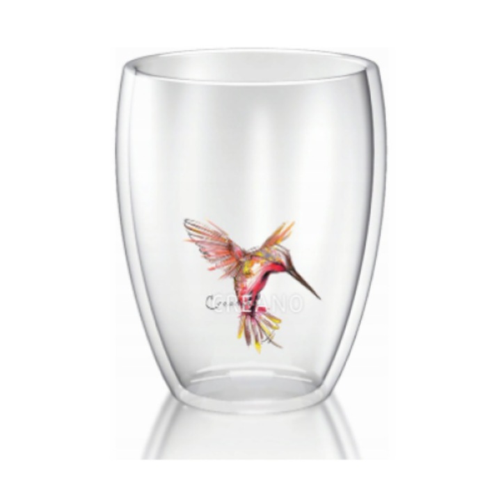 Pahar termic Creano Hummi, 250 ml, sticla borosilicata, perete dublu, decor colibri rosu