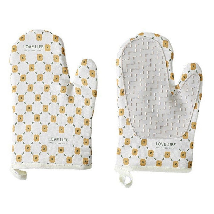 Optim solution 2 db sütőkesztyű készlet, Konyhai kesztyű, hőállóság, magas hőmérsékleten, akár 330 fokig, meleg/hideg tárgyakhoz, edények, textil, gumi, rugalmasság, tapadás, 26,5 x 18 cm, fehér