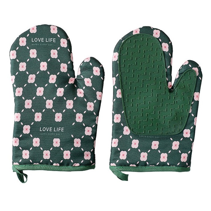 2 db sütőkesztyű készlet, OPTIM MEGOLDÁS, Konyhai kesztyű, Hőállóság, Magas hőmérsékleten, 330 fokig, Hideg/meleg tárgyakhoz, Edényekhez, Textilekhez, Gumihoz, Rugalmasság, Tapadás, 26,5 x 18 cm, Zöld