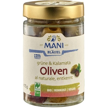 Masline verzi si kalamata fermentate ECO 175 g - Mani Blauel Masline verzi si kalamata fermentate ECO 175 g - Mani Blauel