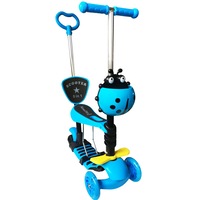 Trotineta „Scooter” 5 in 1 pentru copii cu roti luminoase, maner de impins, cosulet buburuza, scaunel cu spatar, suport picioare, albastra