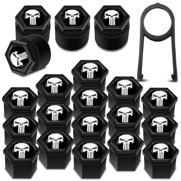 SkinoEu kerékanya sapkák készlet, 19 mm, Univerzális, Fekete / Fehér, Koponya, LB 7, 16 db + 4 db. záróanyákhoz