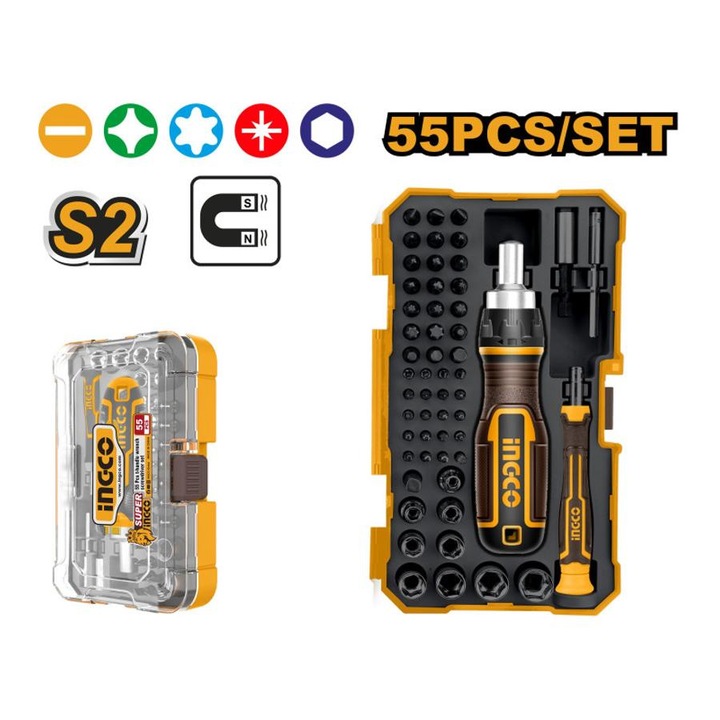 Ingco racsnis és precíziós csavarhúzó készlet 55 db