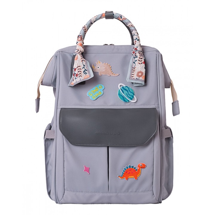 Rucsac multifunctional pentru mamici KikkaBoo Myla Grey cu ecusoane detasabile si accesorii colorate, organizator pentru scutece si accesorii, buzunare laterale, curea reglabila,2 compartimente termoizolante pentru biberoane