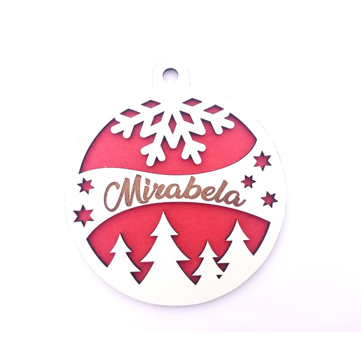 Коледен глобус с гравирано име, Mirabela, бял МДФ 2,7 мм, диаметър 9 см