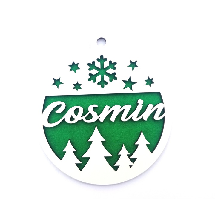 Коледен глобус с име, Cosmin, бял МДФ 2,7 мм, диаметър 9 см