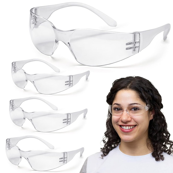 Set 4 Ochelari protectie transparenti, Hggzeg, Lentile din policarbonat rezistente la impact, Acoperire anti-zgarieturi, Potrivit pentru laboratoare, cladiri, sport, 144x41mm, Transparent