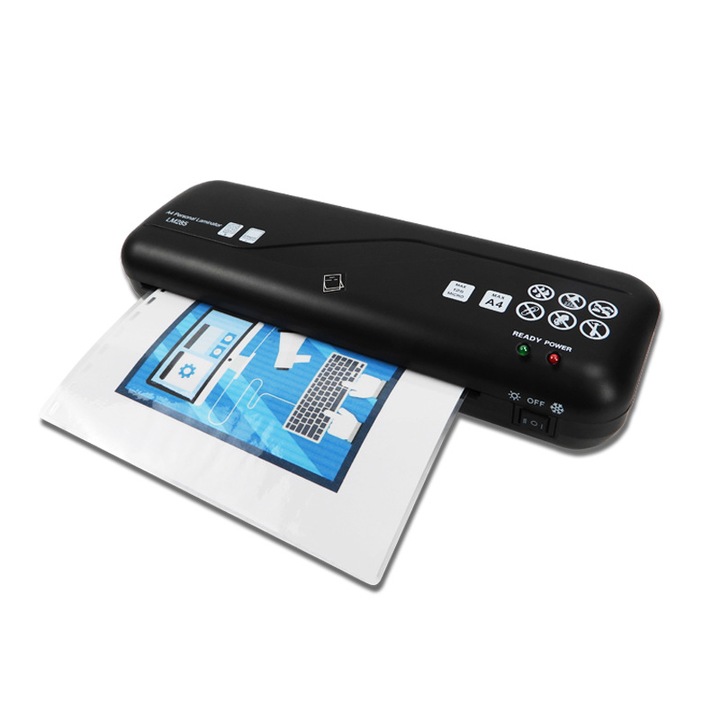 Laminator, A4 si inferior, viteza mare, functionare cu o singura tasta, foto, document, disipare a caldurii, 330x106x60mm, negru
