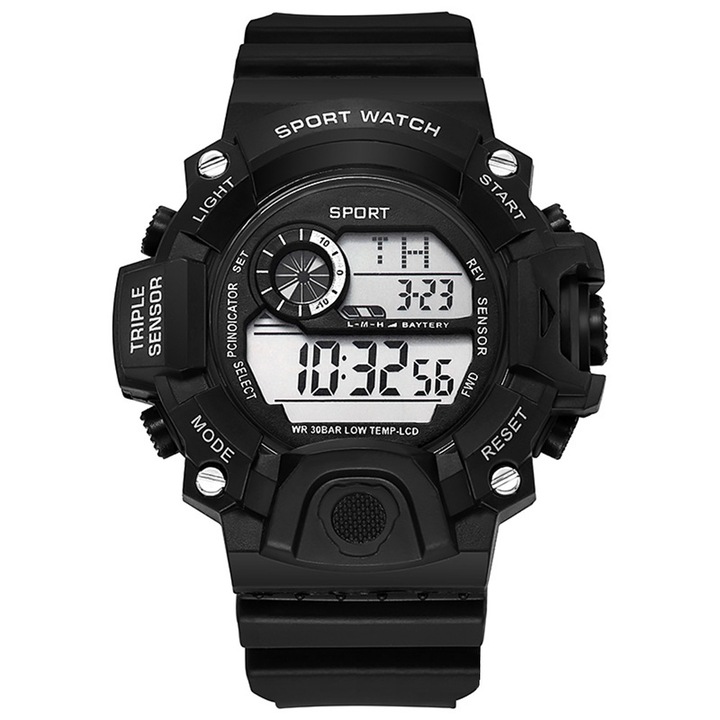 Ceas sportiv pentru barbati, curea silicon, waterproof, 37mm, Negru