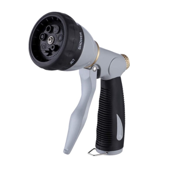 Пистолет, 7 функции, регулируем, ергономичен, за поливане/пръскане, метал+гума, сив