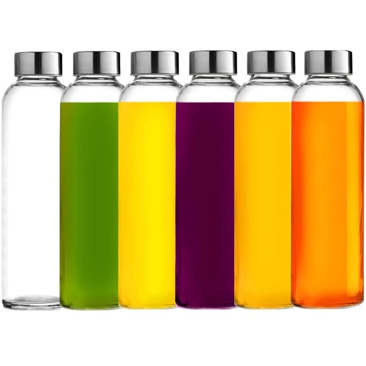 Комплект от 6 бутилки с капаци, Hggzeg, 500 ml, безопасни, екологични, лесни за почистване, универсални и многофункционални, лесни за съхранение, малки и преносими, за многократна употреба, за училища и на открито, стъкло/метал, 22 x 6,2 cm, прозрачни