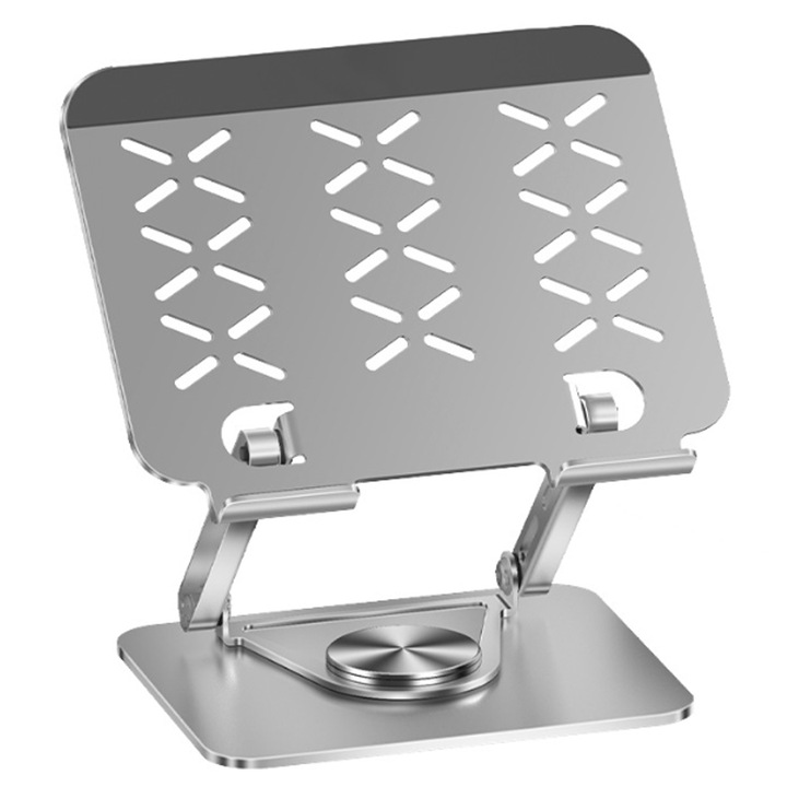 Suport Laptop Ergonomic, Axroad Mall, Disiparea caldurii, Reglabil, Cu baza rotativa 360°, Universal, Non alunecos, Pliabil, Portabil, Compatibil cu toate laptopurile 10-14'', Pentru laptop si tableta, Otel/Silicon, 22.5x18x4.5cm, Argintiu