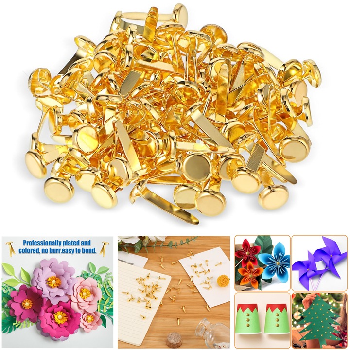 Set 100 pioneze metalice, Axroad Mall, Pioneze decorative, Usor de utilizat, Pentru proiecte de artizanat DIY, scrapbooking, birou Art, decoratiuni pentru proiecte scolare, 0.8 x 1.8cm, Auriu